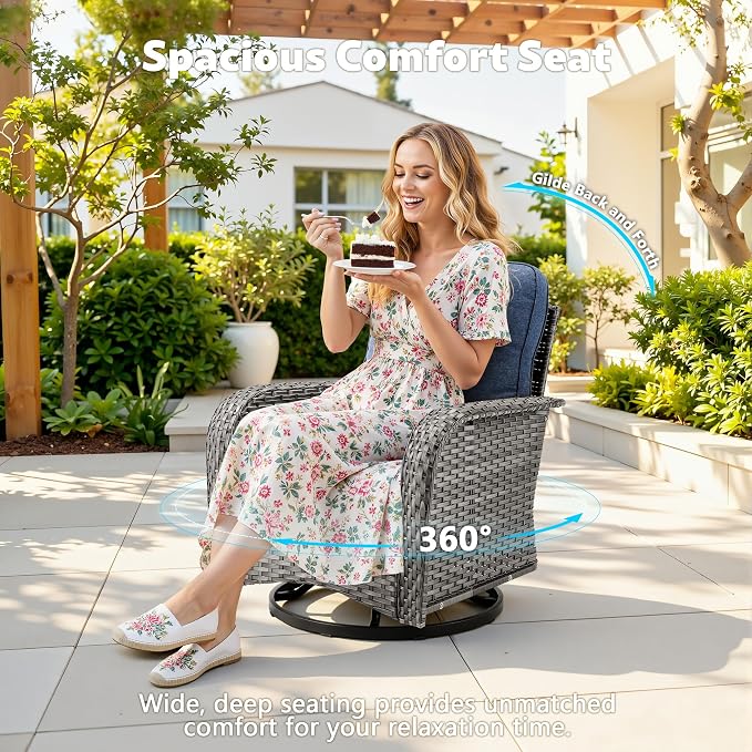 CAODOC Patio Furniture, All Weather Wicker 6 PCS Outdoor Sofa with High Back Swivel Rocker Chairs, Conversation Set with Solar Light Coffee Table,Light Rattan Blue Cushion