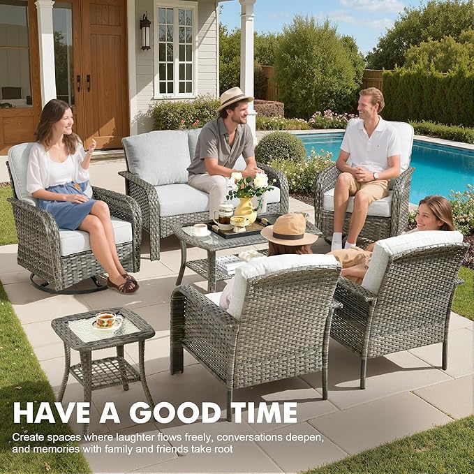 Weaxty 7 Pieces Patio Furniture Set,Wicker Outdoor Swivel Rocking Chairs,Rattan Loveseat Couch,Coffee Table,Patio Sofa Conversation Sets for Deck Backyard Porch Poolside, Light Gray