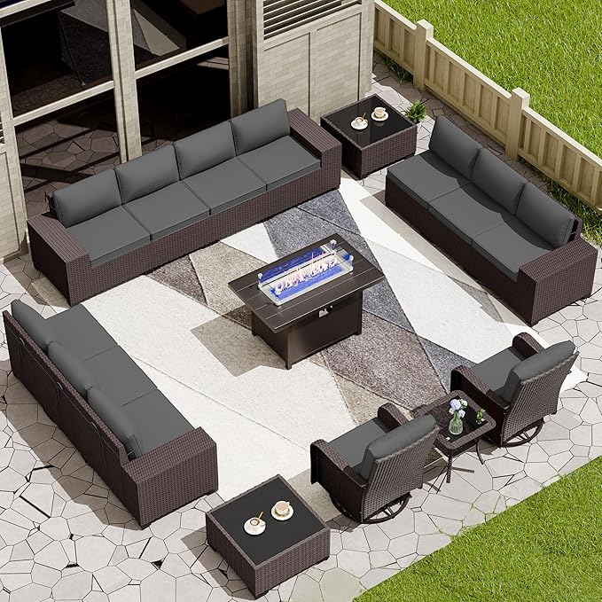 16 PCS Outdoor Patio Furniture Set,Outdoor Sectional Furniture with 45" 55000 BTU Gas Propane Fire Pit Table,All Weather PE Rattan Wicker Patio Conversation Set,Swivel Rocking Chairs Set,Grey