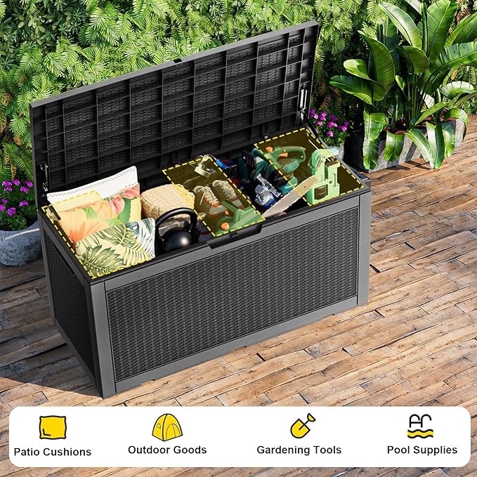 120 Gallon Outdoor Waterproof Resin Storage Deck Box Lockable Outside Bench UV Resistant Bin Patio Porch Furniture Pool Float Garden Tool Cushion Black