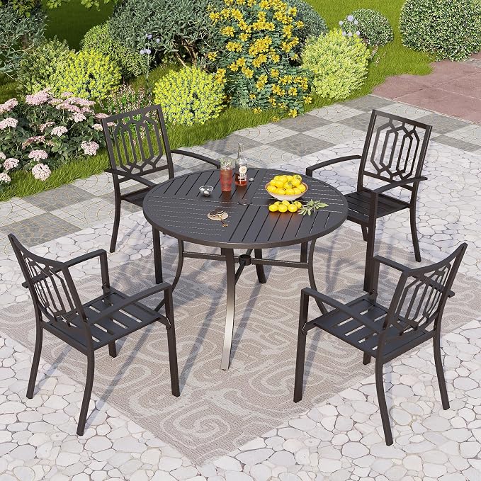 PHI VILLA 5 Pcs Outdoor Dining Set for 4& Round Metal Table | Wrought Iron Circle Table with Umbrella Hole & Stacking Metal Chairs, Modern Furniture Set for Patio, Deck, Backyard, Porch