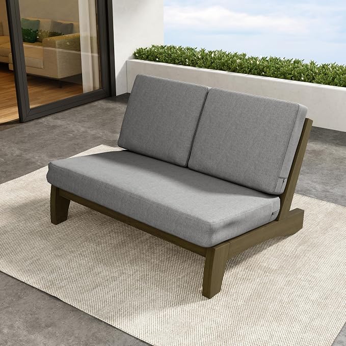 Outdoor Furniture Patio Couch, Weather Resistant Patio Loveseat Sofa Couch with Removable Cushion & Pillows, Teak Wood Frame for Porch & Backyard Seating - Grey