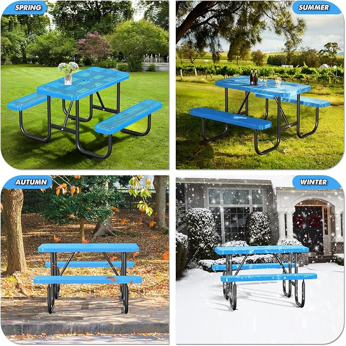 4FT Rectangular Outdoor Picnic Table with Attached Benches, Heavy-Duty Expanded Metal Mesh Patio Table, Commercial-Grade Outdoor Seating for Park, Backyard, Deck, Lawn, Blue