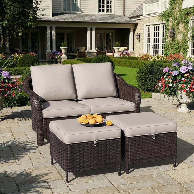 3 Piece Patio Wicker Conversation Set, All-Weather Use Outdoor Wicker Loveseat with 2 PE Rattan Ottomans, Ideal for Porch, Backyard, Balcony, Poolside, Beige