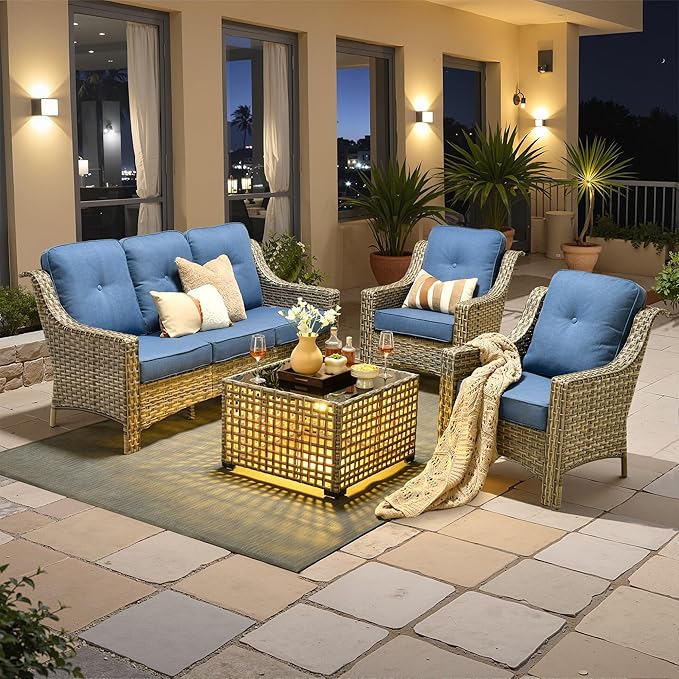 Outdoor Patio Furniture Sets, 4 PCS Patio Conversation Set Outside Rattan Sofa with Solar Light Coffee Table Comfy Cushions Fit Backyard Porch Garden Poolside Balcony,Diamond Blue