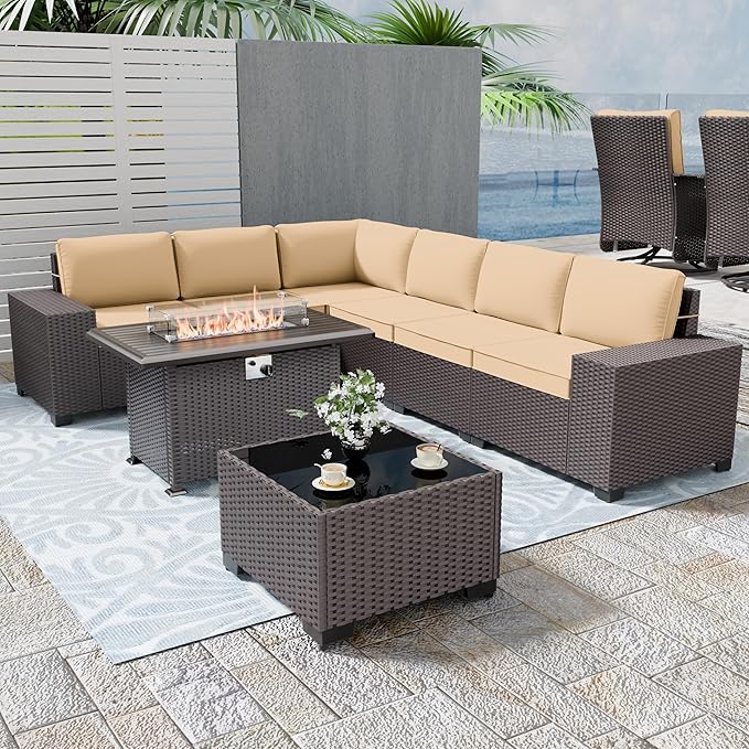 Patio Set Sofa High Back 7 Pieces Wicker Sectional Sofa with 55,000 BTU Gas Fireplace Table, Rattan Outdoor Furniture Set with Thicken Cushion and Coffee Table, Sand