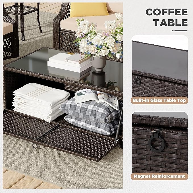 HOMREST 5 Piece Patio Furniture Set, Wicker Outdoor Conversation Sofa Set with Swivel Chairs, Loveseat, Storage Coffee Table, Glass Side Table, Soft Cushions for Deck Backyard Porch 4 Seats Khaki