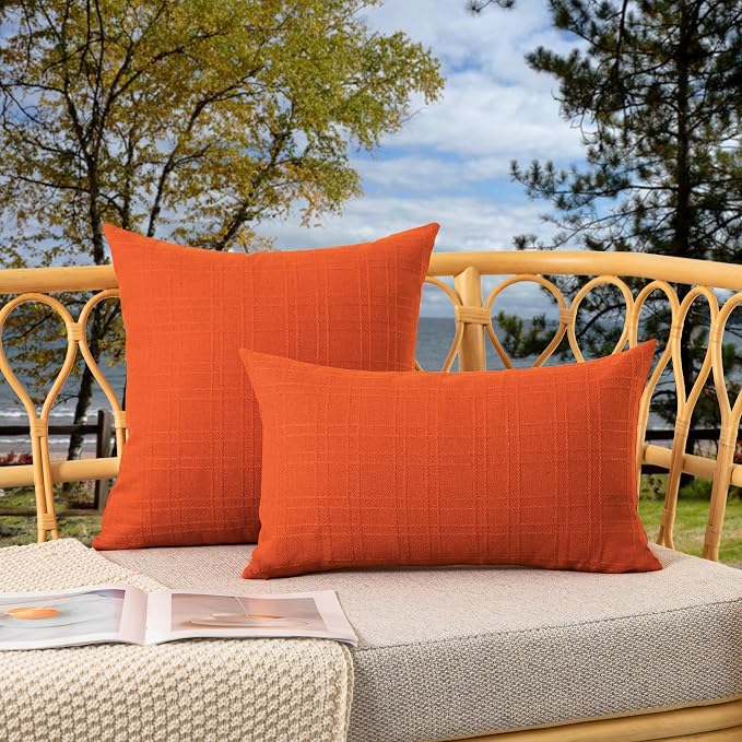 Kevin Textile Outdoor Waterproof 20”x20” Pillow Covers 2 Pack, Orange | Water Resistant, Soft Faux Linen-cotton Yarn-dyed Woven Texture Throw Pillow Covers for Tent Patio Garden Couch Sofa