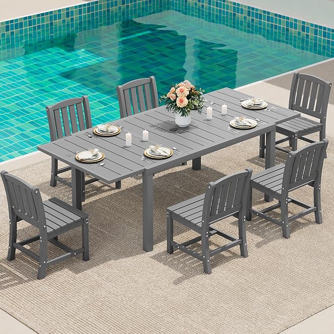 SERWALL 7-Piece Outdoor Dining Set, 60" - 83" Expandable Outdoor Dining Table and 6 HDPE Chairs, All Weather HDPE Outdoor Furniture Set for Backyard, Garden, Grey