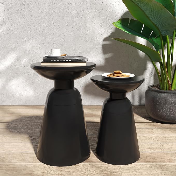 Merax Outdoor Iron Side Tables Set of 2 (15"x21", 12"x17") Modern Art Flared Design Weather Resistant End Table for Indoor Outdoor Patio Backyard Pool (Black)