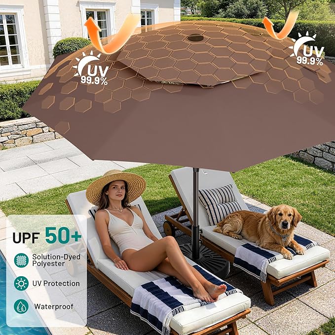 AreShark 12ft 2 Tiers Patio Umbrella - Outdoor Umbrella Waterproof UV Protection, Market Table Umbrella w/ 8 Sturdy Ribs&Crank for Pool, Porch, Garden(Dark Brown)