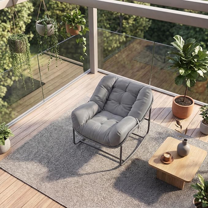 GarveeLife Outdoor Lazy Rocking Chair, Single Metal Rocker with Ergonomic Design, Gray, Heavy Duty, for Yard or Deck Use