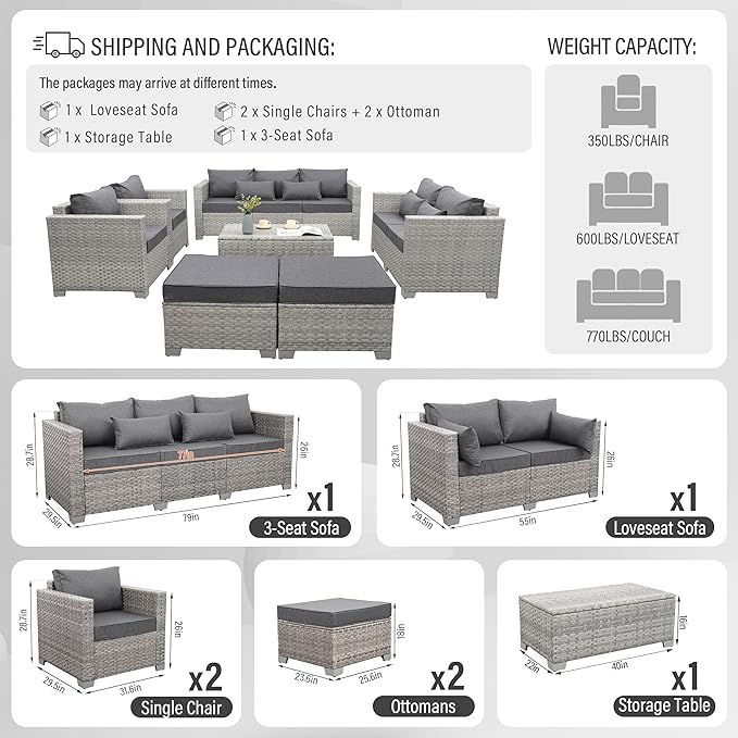 WAROOM Patio Furniture Set 7 Piece Grey Wicker Outdoor Conversation Sets PE Rattan Sectional Sofa with Storage Coffee Table and Anti-Slip Grey Cushion