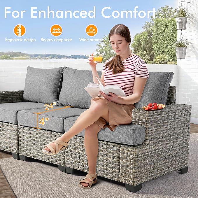 9 Pcs Outdoor Sectional Patio Furniture Set with Fire Pit Table and Swivel Rocking Chairs - All Weather Wicker Modular Outside Sectional Sofa Couch,Patio Seating Outdoor Conversation Sets,Dark Grey