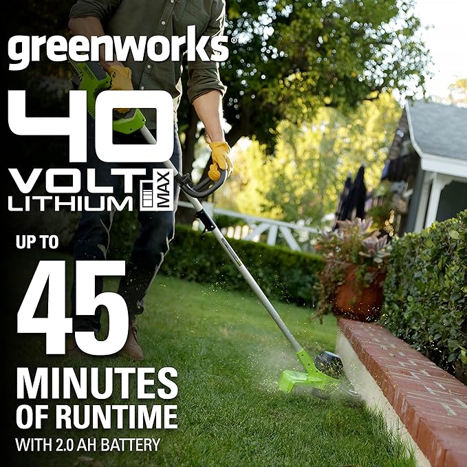 Greenworks 40V (120 MPH / 450 CFM) Cordless Axial Blower, 4Ah USB Battery (USB Hub) and Charger Included BL40B411 with 40V String Trimmer