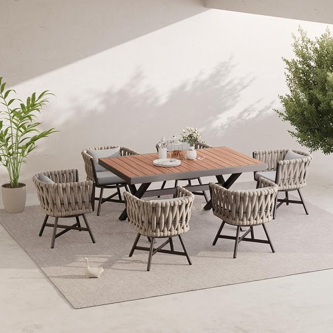 Grand patio 7-Piece Outdoor Dining Set for 6, Patio Dining Furniture Set for 6 Swivel Rope Wicker Chairs & 1 Extendable Rectangular Dining Table, Light Gray Brown