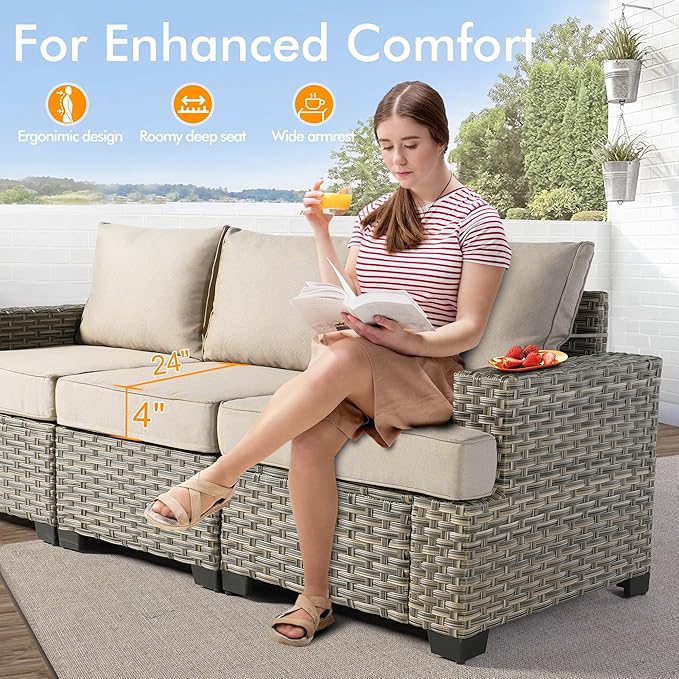 8 Pcs Outdoor Sectional Patio Furniture Set with Swivel Rocking Chair and Ottomans - All Weather Wicker Outside Sectional Couch,Patio Seating Outdoor Conversation Sets for Deck Yard Garden,Beige
