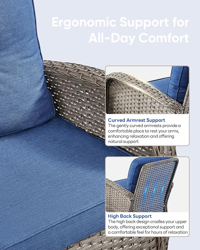 5 Pieces Wicker Patio Furniture Set-Outdoor Swivel Rocker Patio Chairs Patio Sofa Set with Tempered Glass Top Outdoor Coffee Table for Deck Lawn Porch Balcony Poolside-Grey/Blue