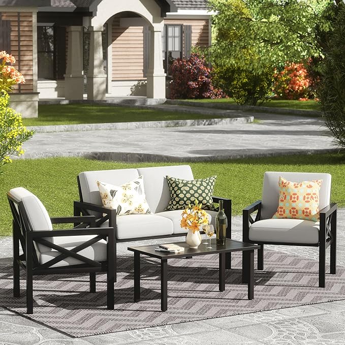 NATURAL EXPRESSIONS Outdoor Patio Furniture 4 Pieces Set, Modern Patio Conversation Sets, Outdoor Sectional Metal Sofa with 5.5 Inch Cushion and Coffee Table for Balcony, Garden