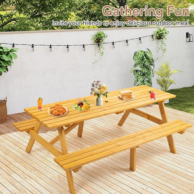 Zevemomo 8 Person Wood Picnic Table, Rectangle Tabletop with Umbrella Hole, 2 Built-in Long Benches, 2220LBS Total Capacity for Gardens, Yards, Pale Wood