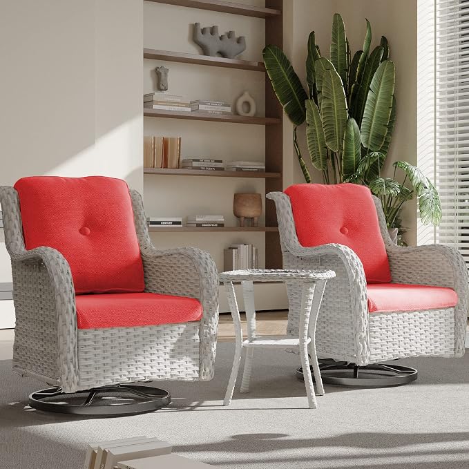 Joyside Outdoor Swivel Rocker Patio Chairs Set of 2 and Matching Side Table - 3 Piece Wicker Patio Bistro Set with Premium & Soft Fabric Cushions(Light Grey/Red)