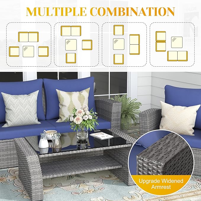 4-Piece Outdoor Patio Furniture Set, All Weather Wicker Rattan Sectional Sofa Conversation Seating Set with Cushions & Large Glass Coffee Table, Ideal for Garden Backyard Porch, Blue