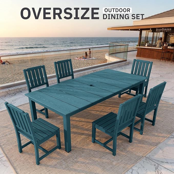 AreShark 7-Piece Outdoor Dining Set,HDPE Patio Table with 6 Armless Chairs,All-Weather Patio Furniture Set with Umbrella Hole,Low Maintenance Wood Grain Dining Set for Backyard,Garden,Poolside,Black