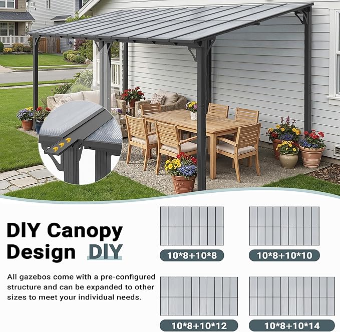 AirWire 10x18 FT Gazebo, Pergola Awnings for Patio with Hardtop Gazebos on Clearance, Patio Covers for Shade and Rain, Lean to Gazebo Sunroom Patio Canopy Outdoor Pergolas for Patios, Decks, Backyard