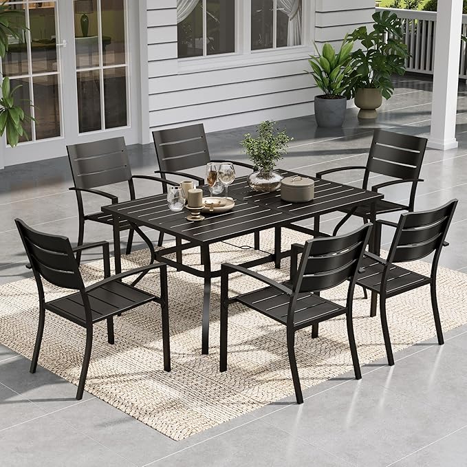 Sophia & William Patio Dining Set Metal Outdoor Table and Chairs Furniture Set 7 Piece, Large 60.2" Dining Table with Umbrella Hole and 6 Backyard Garden Chairs Support 300LBS for Deck, Lawn, Garden