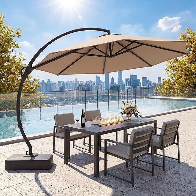 LAUSAINT HOME 12ft Patio Cantilever Umbrella with Base Included, Outdoor Curvy Round Offset Umbrella, Heavy Duty Aluminum, 360° Rotation for Pool, Deck, Lawn, Backyard (Upgraded Sunbrella Fabric Beige)