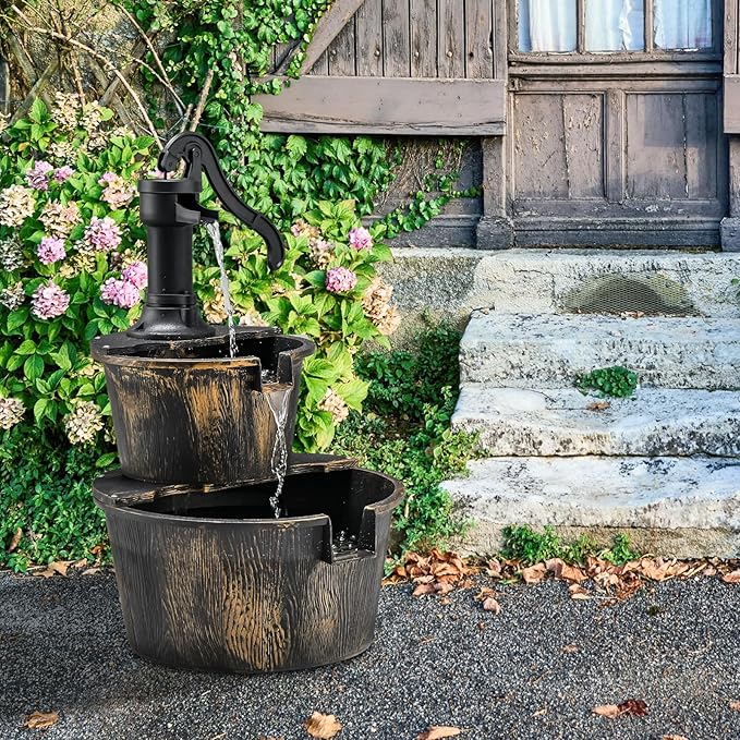 Happygrill Water Fountain Outdoor, 2-Tier Barrel Water Feature Decor with Electric Pump, Freestanding Cascading Waterfall Fountain for Garden Patio Backyard Decor or Porch