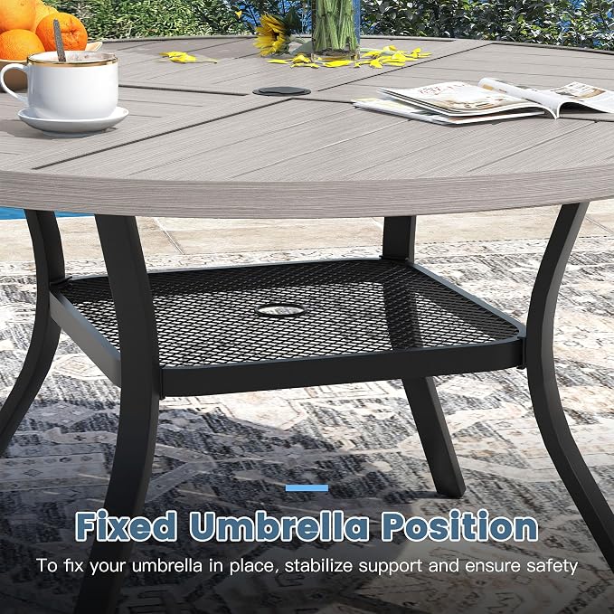 DIFY 5 Piece Outdoor Patio Dining Set for 4, 40.6" Round Dining Table with Umbrella Hole and Stackable Metal Chairs, Patio Table and Chairs Set for Backyard Garden Poolside, Grey Wood-Like & Sandshell