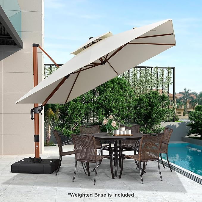 PURPLE LEAF 10ft Patio Umbrella with Base Outdoor Square Umbrellas Large Cantilever Umbrella Windproof Offset Heavy Duty Sun Umbrellas for Garden Deck Pool Patio, Cream