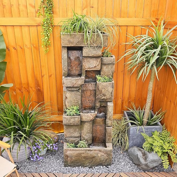 Bumilgar Garden Water Fountains Outdoor Floor Standing, 3 Tier Rock Waterfall Fountain with LED Lights and Pump for Garden, Patio, Backyard, Deck, Porch and Home Art Deco, 56.3" Very Tall