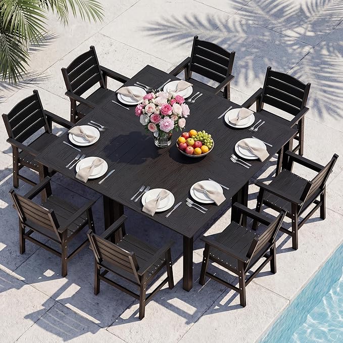 YEFU HIPS Patio Dining Set for 8 : Modern Outdoor Table and Chairs Easy Clean Outdoor Dining Set - 12-Piece Waterproof All-Weather Easy Assembly Furniture for Backyard Garden Deck（Black）