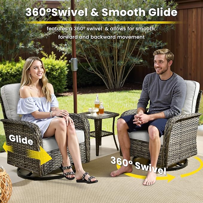 5 Pieces Outdoor Patio Furniture Set with Coffee Table, All Weather Wicker Patio Conversation Sets with Rocking Chairs, Balcony Furniture Sets for Backyard, Garden, Poolside, Grey