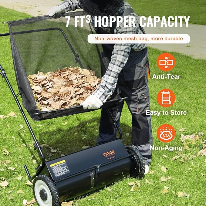 26 Inch Lawn Sweeper Push Hand Powered for Leaves, Grass Clippings & Yard Debris, 4 High-Speed Brushes & Large 7 cu ft Hopper Bag | Adjustable Height, ABS+Steel Frame (26 Inch Black2)