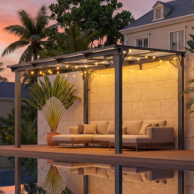 AirWire 10'x8' Wall-Mounted Lean to Gazebo with Aluminum Frame & Polycarbonate Panel, 8x10 FT Hardtop Pergola with Sloped Roof for Backyard, Porch, Deck