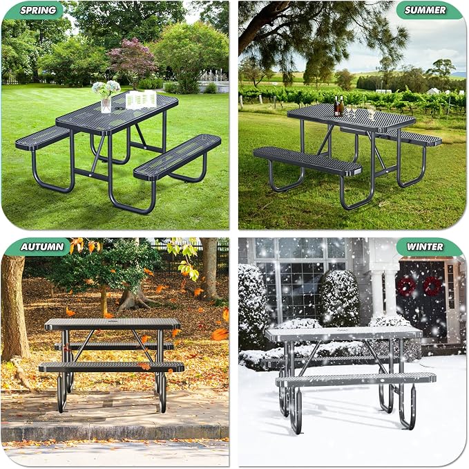 4FT/48IN Heavy Duty Outdoor Picnic Table and 2 Benches for 2-6 People, Weather Resistant Rectangular Steel Picnic Table Set with Umbrella Hole for Yard Patio Lawn Party Black