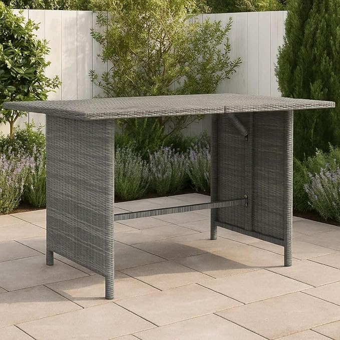Benjara Outdoor Dining Table, 43 Inch Rectangular Top, Dark Gray Poly Rattan