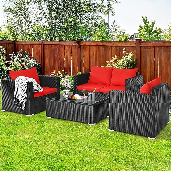 COSTWAY 4-Piece Patio Rattan Furniture Set, Cushioned Sofa Chair, Loveseat and Coffee Table with Tempered Glass Top, Outdoor Conversation Sets for Garden Poolside Balcony Porch (Red)