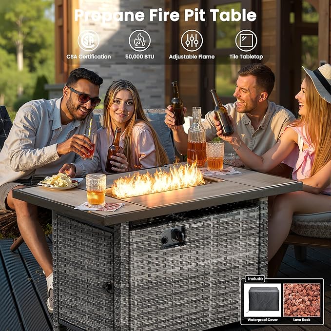 ovios 5 Pieces Patio Furniture Set, Outdoor Wicker Rattan Sofa Couch with 42" Fire Pit Table, Loveseat Chairs, Conversation Sets for Yard Porch Garden, Denim Blue