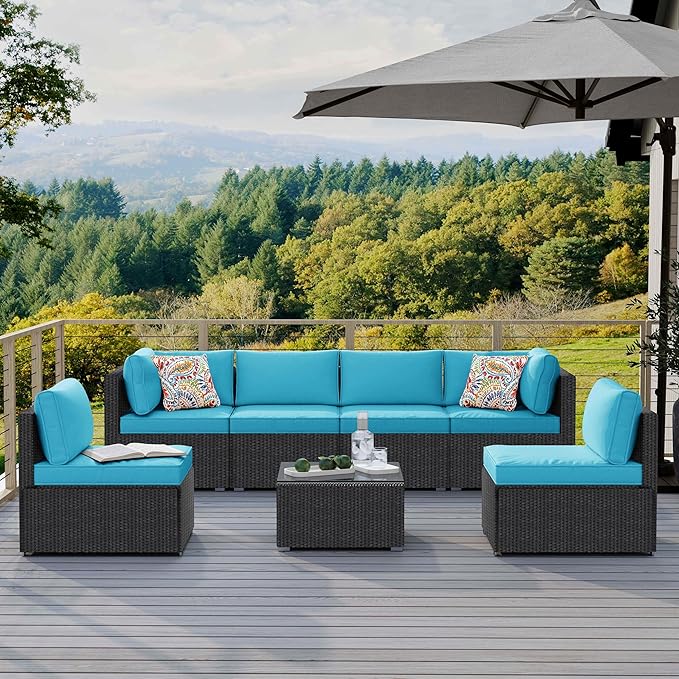 7-Piece Outdoor Patio Furniture Set – Handwoven All-Weather Rattan & 4” Thick Waterproof Cushions, Wicker Outdoor Conversation Sets with Coffee Table for Deck, Backyard, Garden, Black/Blue
