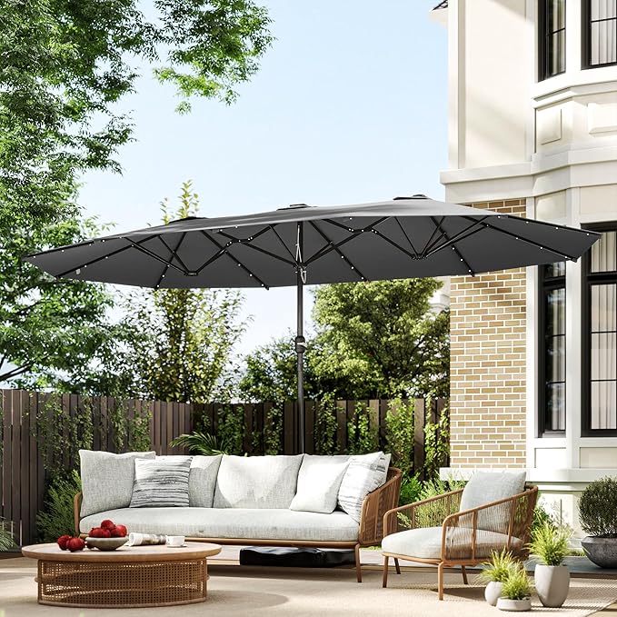Outsunny 14.4ft Large Patio Umbrella with 36 Solar LED Lights, Double Sided Outdoor Umbrella with Base Included