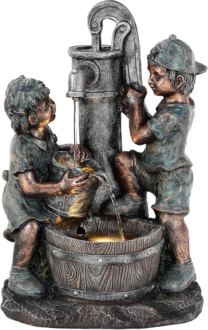 26" Outdoor Fountain, 3-Tier Boy-Girl Playing with Faucet Water Feature with LED Lights, Antique Resin Soothing Cascading Waterfall for Patio, Backyard, Garden or Porch