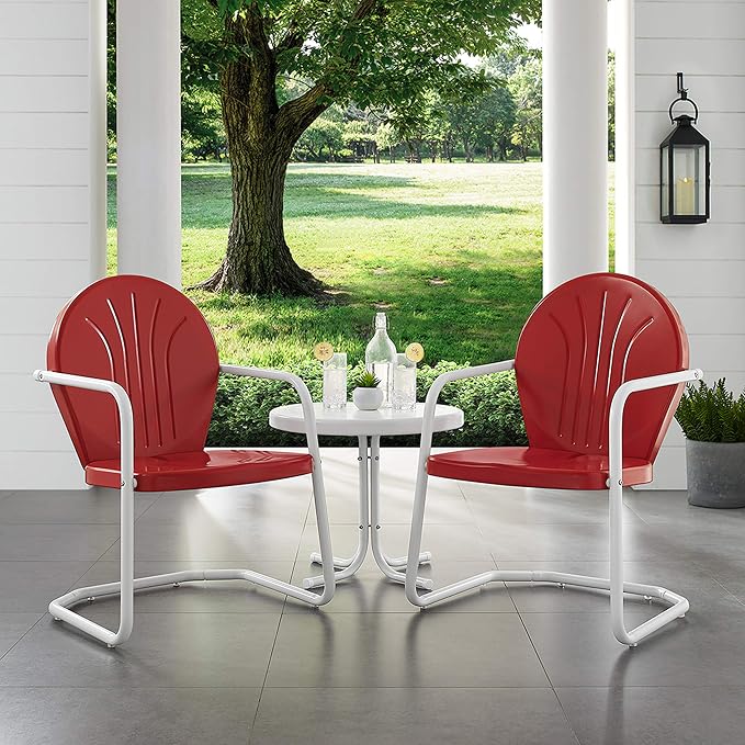 Crosley Furniture Griffith 3-Piece Outdoor Chair and Side Table Set, Retro Metal Bistro Patio Sets for Porch, Red