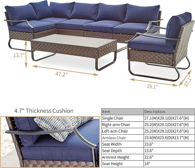 PatioFestival 7 Pieces Patio Furniture Sets with 8.7" Thick Cushion Outdoor Sectional Sofa Set,Patio Conversation Set with All Weather Frame