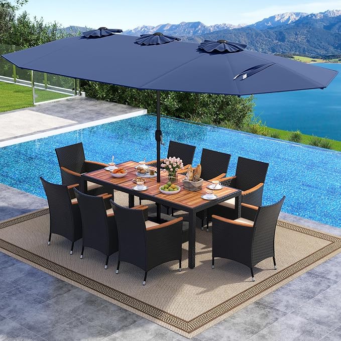 Tangkula 11 Piece Patio Wicker Dining Set w/Double-Sided Patio Umbrella, 8 Stackable Cushioned Chairs, 71" Acacia Wood Dining Table & 15 ft Umbrella with Weighted Base (Navy + Off White)