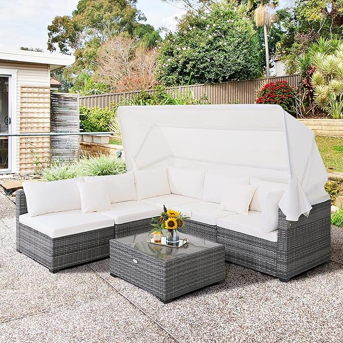 HAPPYGRILL 6-Piece Rattan Wicker Furniture Set with Canopy, Patio Conversation Set with Tempered Glass Coffee Table, Outdoor Sectional Sofa Set for Backyard Poolside