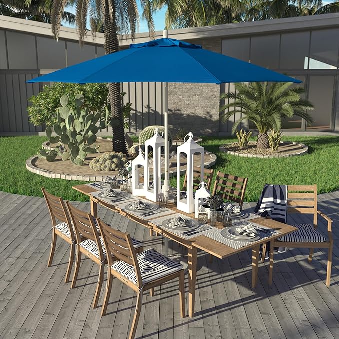 California Umbrella 9' Round Aluminum Market Umbrella, Crank Lift, Collar Tilt, White Pole, Pacifica Pacific Blue